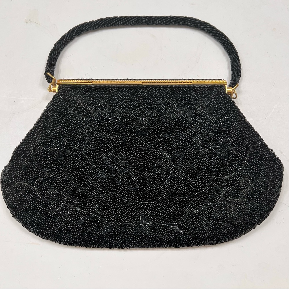 Vintage 40s-50s Black Hand Beaded Purse Handbag‎ & Coin Case Made in HongKong